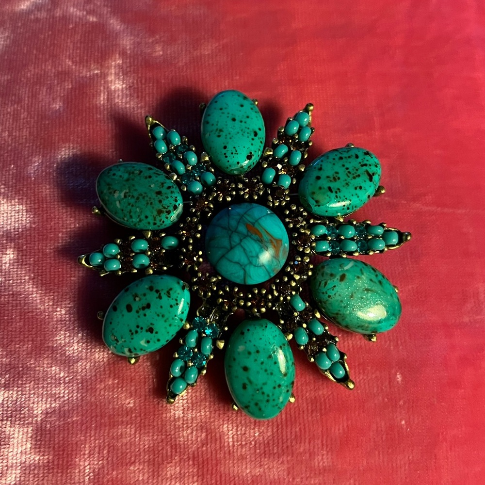 Chico’s Brooch Pin, Turquoise with blue beads and orange and green Rhinestones